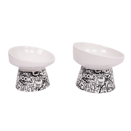 Load image into Gallery viewer, M-PETS Freestyle Tilt&#39;d Raised Ceramic Bowl Black &amp; White
