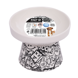 Load image into Gallery viewer, M-PETS Freestyle Tilt&#39;d Raised Ceramic Bowl Black &amp; White
